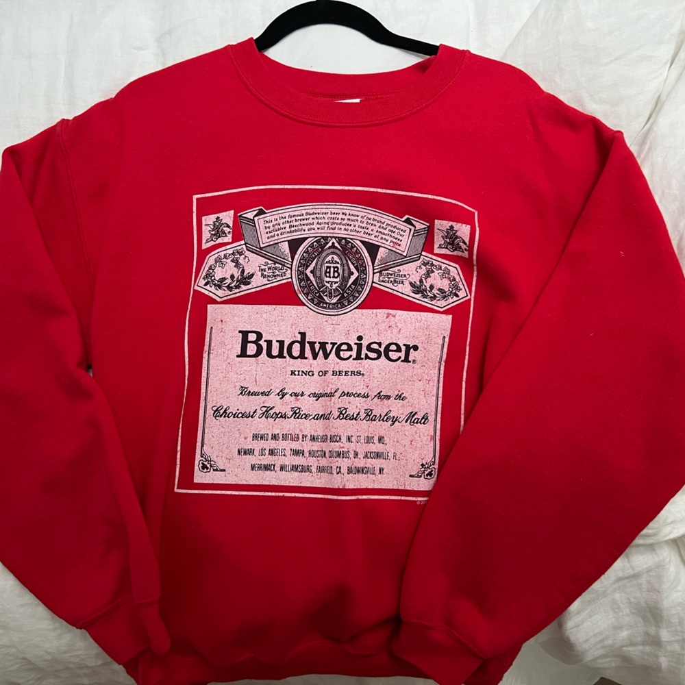 Urban outfitter Budweiser Red Sweat shirt, worn once, size small. JUNK FOOD TEES